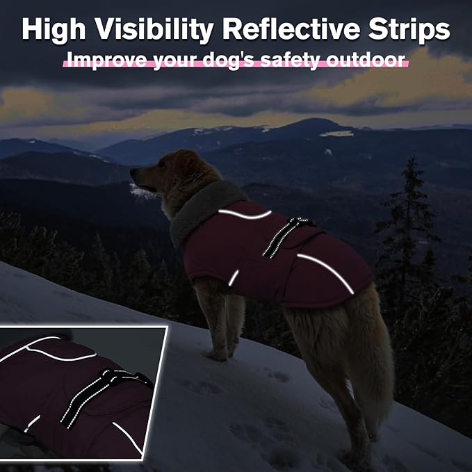 Lelepet Warm Dog Coat Reflective Fleece Vest Waterproof Dog Jacket with Adjustable Buckle Hook & Loop Windproof Cold Weather Coats for Small Medium Large Dogs, Pink, L