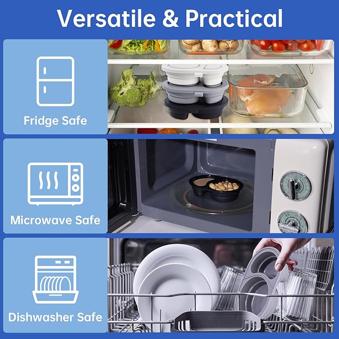 NiHome 3-Pack Reusable Dual-Compartment Silicone Snack Containers with Lids, Safe for Baby Food, Leak-Proof & Easy-Clean for Dips, Sauces, Travel, Microwave & Dishwasher Safe (Cream, Gray, Black)