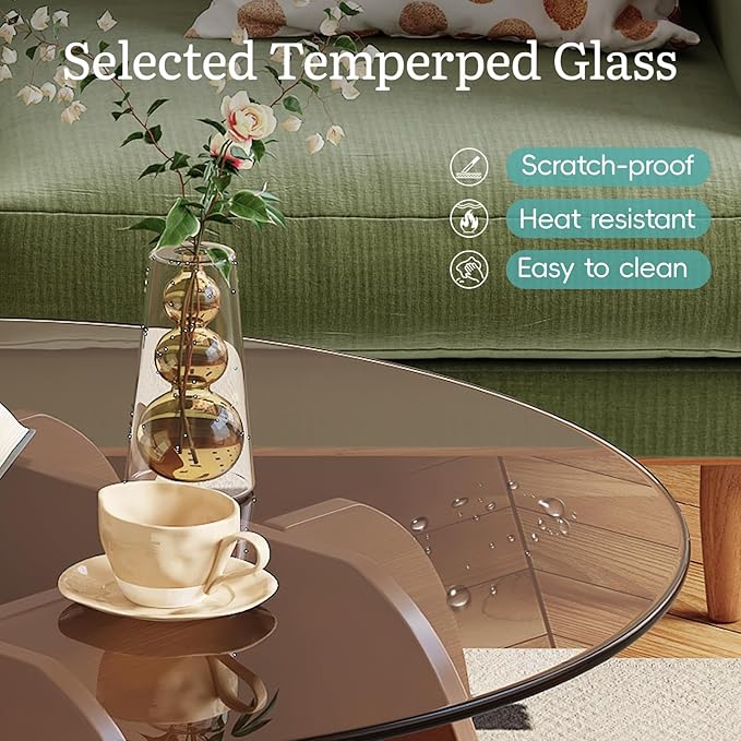 Coffee Table for Living Room Mid Century Modern Round Center Table with Glass Top and Wood, Walnut Brown