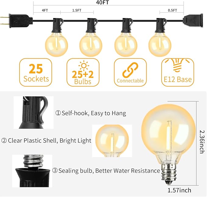 40FT LED Outdoor String Lights Waterproof, G40 LED Globe Outdoor Lights for Patio with 27 Edison Vintage Shatterproof Bulbs, Connectable Backyard Lights for Garden, Bistro, Porch, Cafe