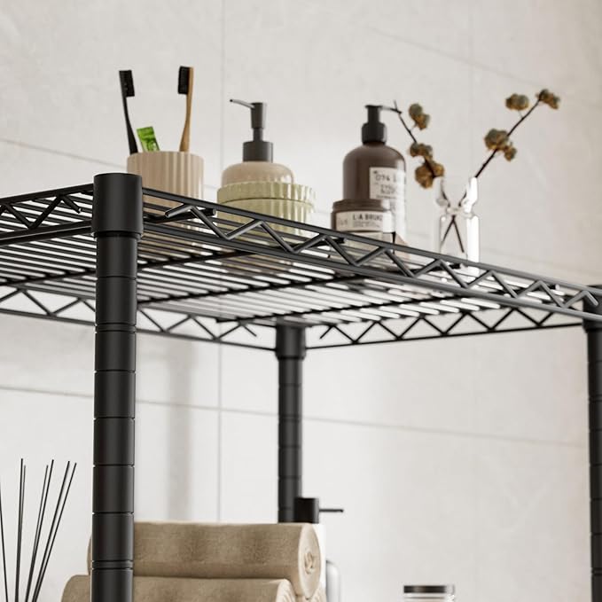 5 Tier Shelves Storage Shelf Wire Closet Bathroom Organizers Metal Pantry Kitchen Garage Shelving Unit Laundry Room Organization Home Rack Net Basket Black with Wheels 14”D X 24”W X 61”H