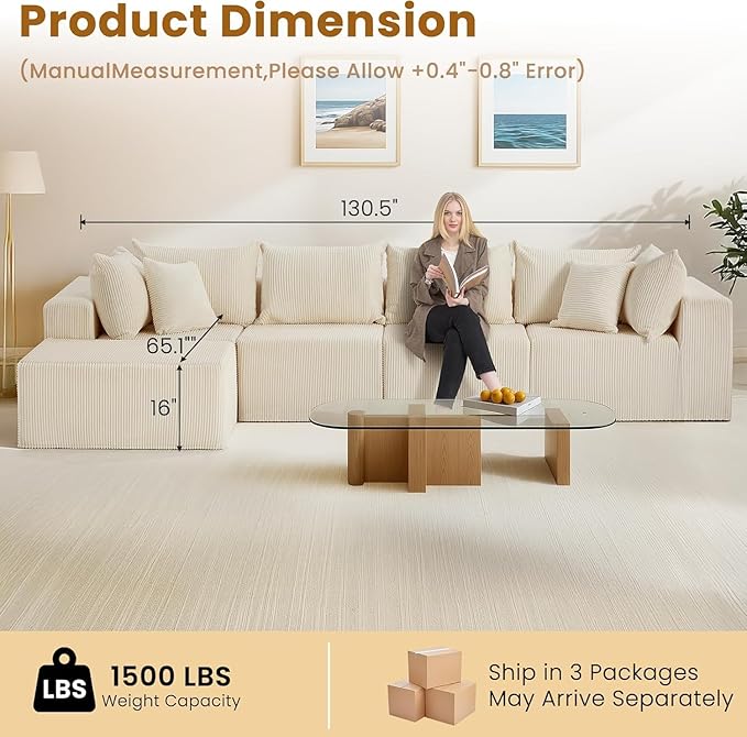 Oversize 131” Boneless Couch for Living Room, Comfort L Shaped Cloud Couch Sectional, Extra Deep Seats Corduroy Modular Sectional Sofa No Assembly,Beige