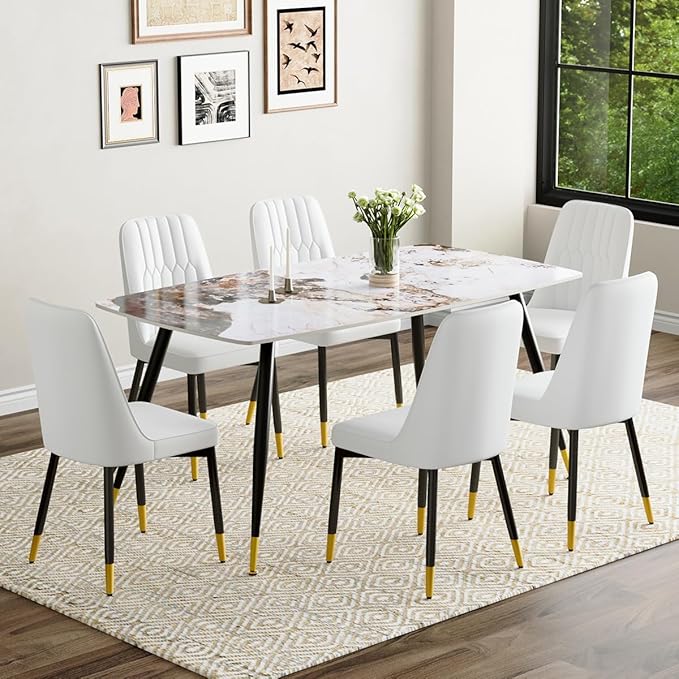 6 Person Dining Table Set, Sintered Stone Dining Table Set for 6, Kitchen Table Chairs Set of 6, Easy to Assemble