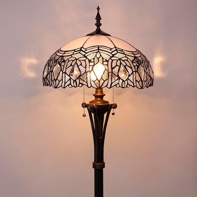 Tiffany Floor Lamp White Stained Glass Crystal Standing Reading Light 16X16X70 Inches Antique Pole Corner Lamp Decor Bedroom Office Living Room