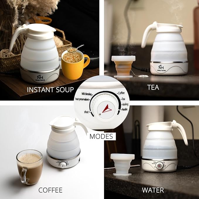 Nikao Home Foldable Electric Kettle Plus Milk Frother and Foldable Cup –Travel Kettle, Portable Tea Kettle for Travel, Mini Collapsible Water Warmer, Compact Design for Easy Storage and Quick Heating.