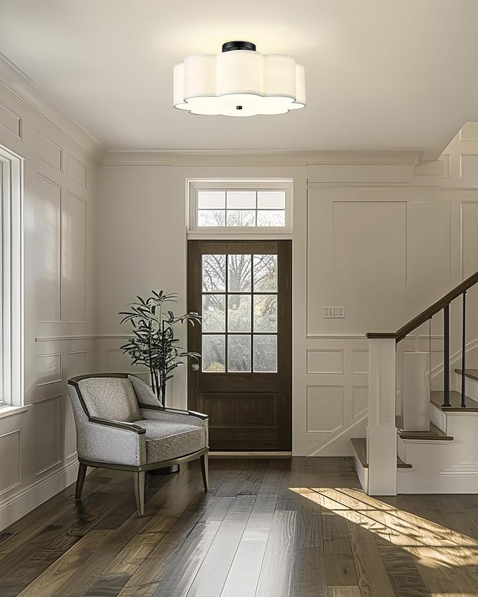 Black Semi Flush Mount Ceiling Lights, 4-Light 18" Ceiling Light Fixtures with Fabric Shade in Flower Shape, Farmhouse Drum Lighting for Nursery Bedroom Kitchen, AD-22009-4SF-BK