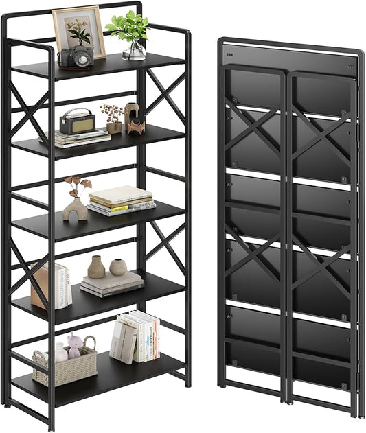 No Assembly Folding Bookshelf, 5 Tiers Vintage Wood Collapsible Book Shelf for Storage,Industrial Metal Foldable Bookcase Organizer for Living Room Bedroom Home Office (Black)