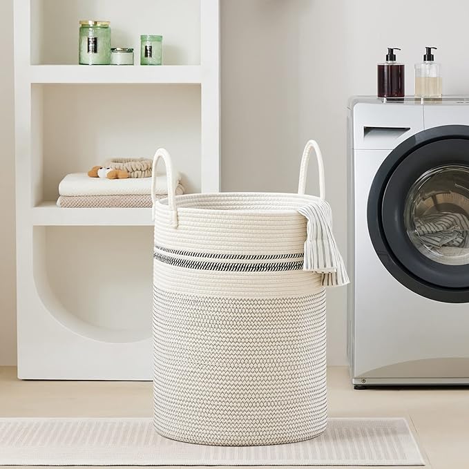 VIPOSCO Large Laundry Hamper, Tall Woven Rope Storage Basket for Blanket, Toys, Dirty Clothes in Living Room, Bathroom, Bedroom - 100L Stripe White