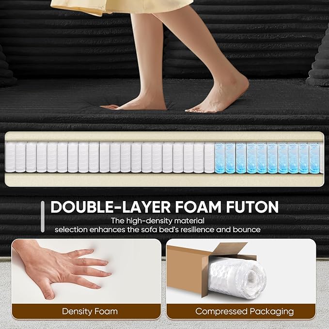 Antetek Convertible Sofa Bed, Comfy Corduroy Fluffy Love seat Sleeper Sofa, 5 in 1 Folding Couch Bed, Fold Out Floor Couch with Pillows for Bedroom, Living Room, Office, Wide Stripes, Black