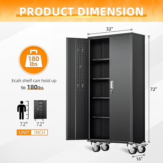 INTERGREAT Metal Storage Cabinet with Wheels, 72" Lockable Mobile Cabinets with Adjustable Shelves, Large Capacity Rolling Tall Cabinet with Casters for Home Office, Kitchen, Garage, School(Black)