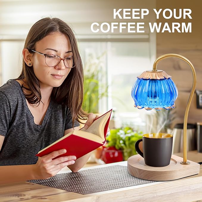 Candle Warmer Lamp with Timer, Dimmable Candle Warmer Lantern Light, Electric Glass Shade Jar Candle Warming Holders for Home Decoration Gift for Women, Dark Blue