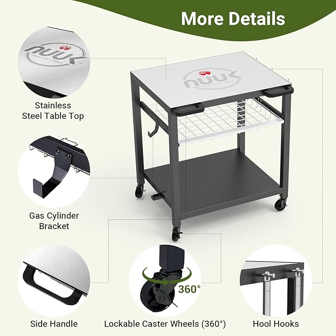 NUUK Grill Cart 30"x24" Pizza Oven Table for Outdoor 3-Shelf with Stainless Steel Top and Sliding Drawer BBQ Grilling Carts Outside Serving Prep Tables Indoor Stand