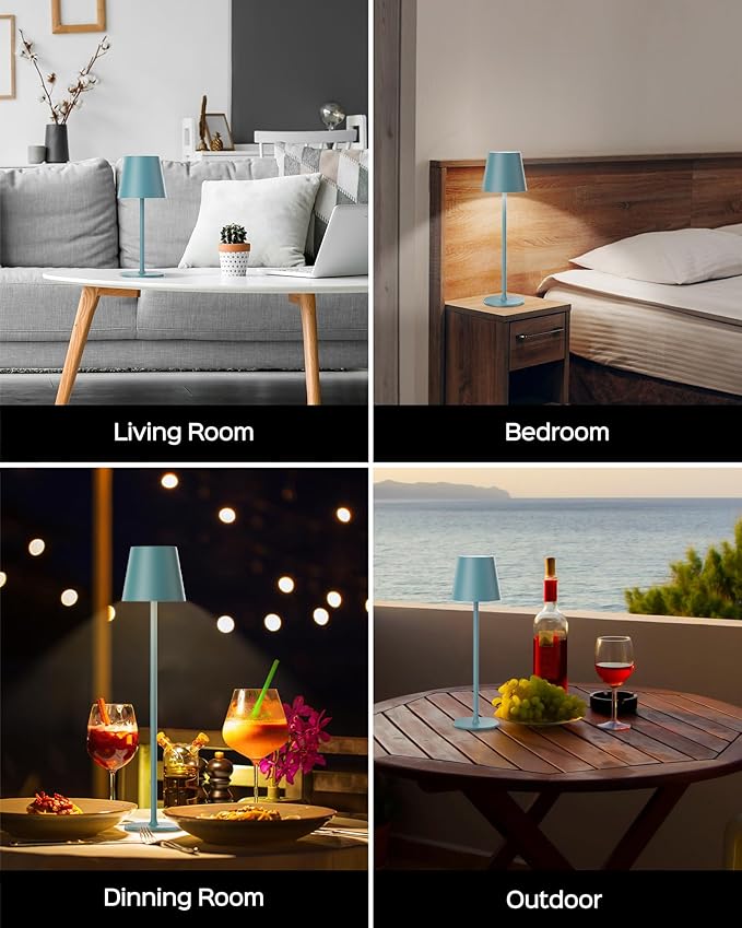 Cordless Table Lamps Rechargeable, 3 Adjustable Height, 5000mAh Battery Operated, 3 Colors Smooth Dimming, Portable LED Waterproof Table Lamp for Kitchen, Bedroom, Outdoor (2 Pack-Lake Blue)