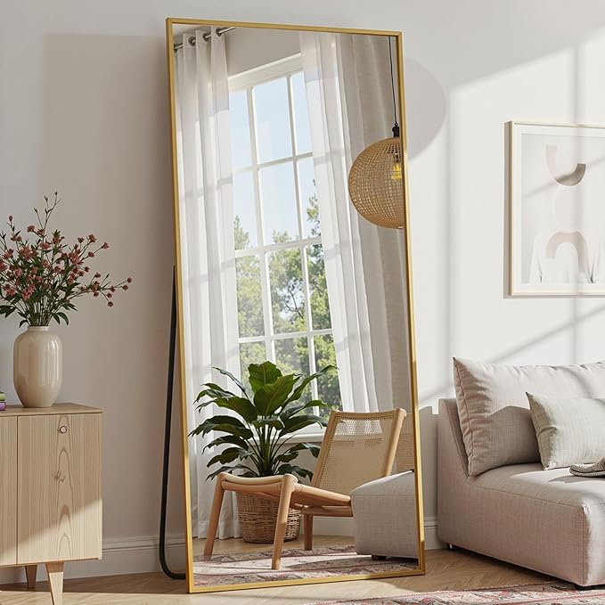 Full Length Mirror, 71"x32" Full Body Mirror, Floor Mirrors with Stand, Body Mirrors Standing Hanging Leaning Against Wall,Aluminum Frame Mirrors for Bedroom Cloakroom,Living Room,Gold
