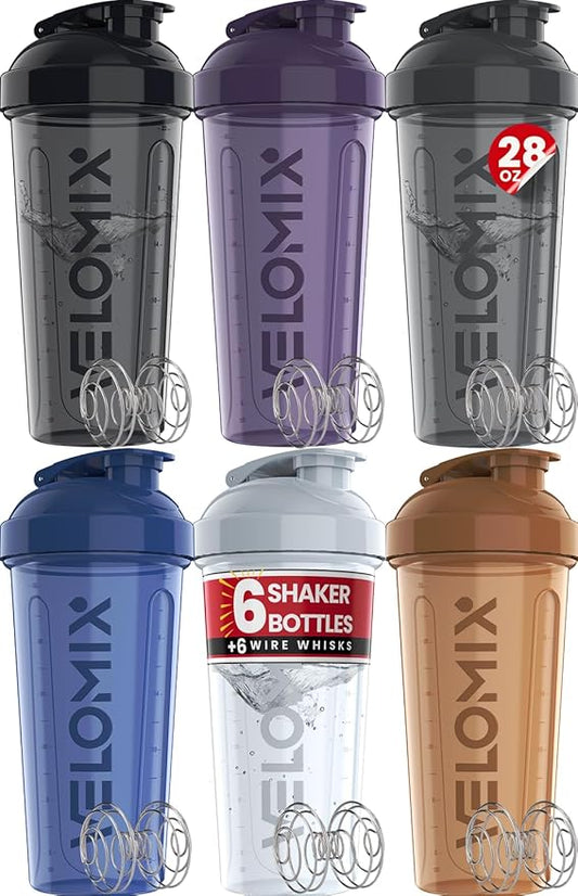 VELOMIX -6 PACK- 28 oz Protein Shaker Bottle for Protein Mixes - 6x Wire Whisk | Leak Proof Shaker Cups for Protein Shakes | Protein Shaker Bottle Pack | Protein Shake Cup (Elemental Mix)