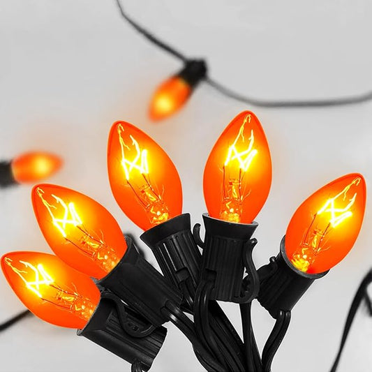 SUNSGNE C7 Orange Halloween Lights, 25Ft Outdoor String Lights with 27 Clear Orange Bulbs(2 Spare), Vintage Christmas Lights for Patio, Cafe, Party, Holiday, Christmas Decor- Black Wire