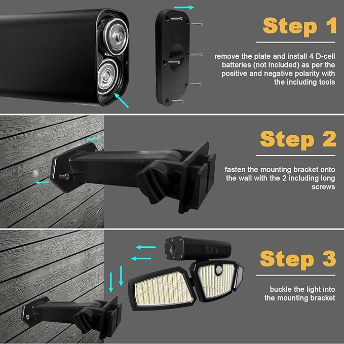 Motion Sensor Lights Indoor/Outdoor, 2100LM Home Security Lights, 6500K Wireless IP65 Waterproof 3 Heads Outdoor Battery Powered Flood Lights for Garage, Porch, Basement, Barns, Yard