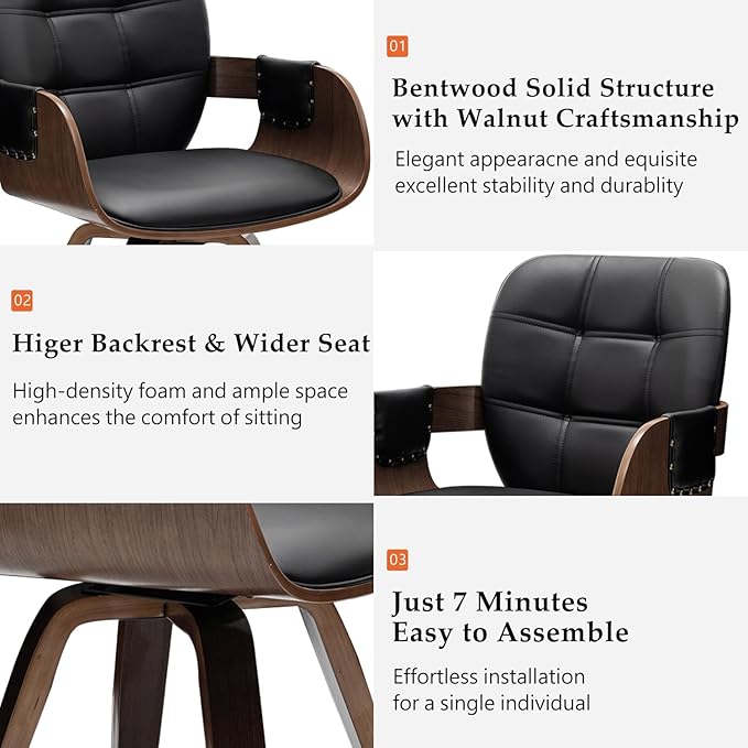 Set of 1 Mid Century Modern Chair - Swivel Dining Chair with Arms and Curved Back, Faux Leather Reception Room Chairs, Ideal for Kitchen/Living Room/Reception/Desk (Walnut Black, Set of 1)