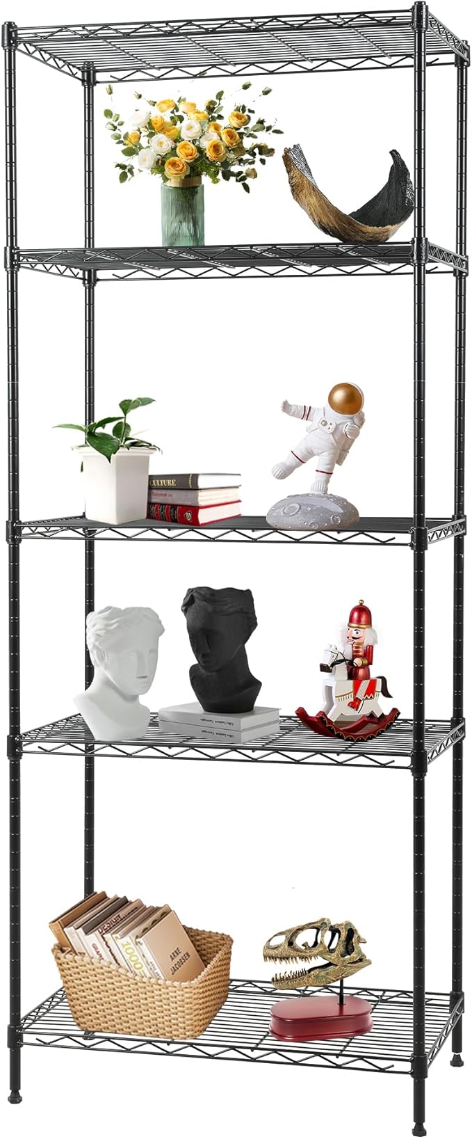 FDW | 5-Tier Wire Storage Shelves | 24"x14"x59" | Black | Adjustable Racks | Heavy-Duty Metal Shelf, Holds Upto 500 lbs | Tool-Free Assembly, Rust-Resistant | for Home & Garage Shelving