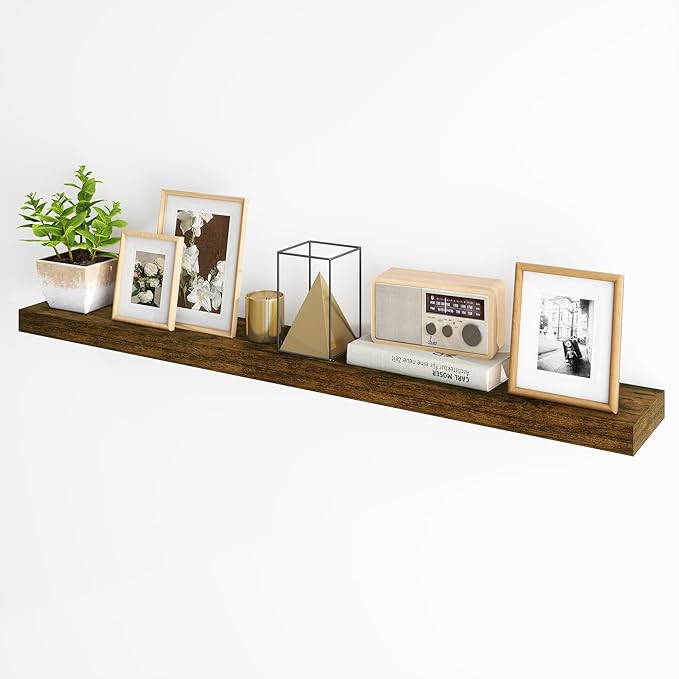 Fun Memories 55 Inch Fireplace Mantel - Long Floating Shelf, Wall Mounted Farmhouse Display with Invisible Heavy Duty Metal Bracket, Brown