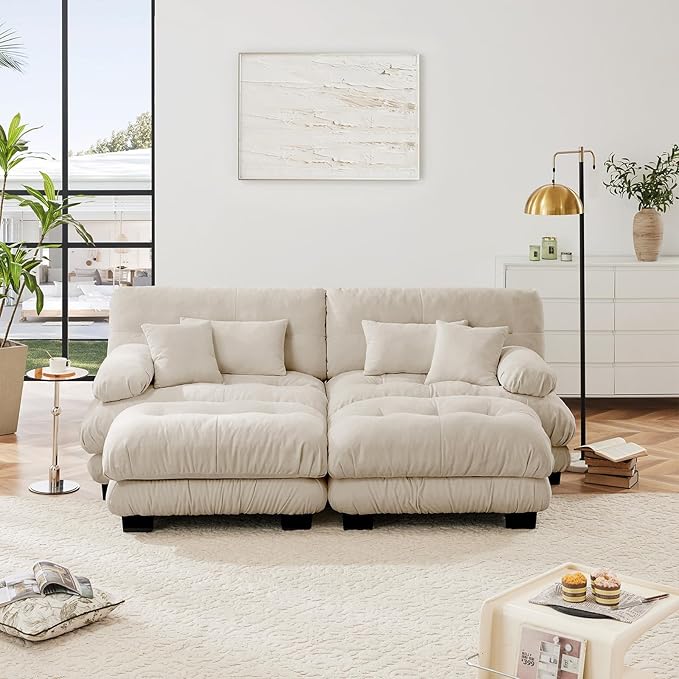 94.4" Loveseat Sofa, 2 Seater Modular Sectional Sofa, Beige Large U Shaped Sectional Couches, Fluffy Chenille Cloud Couch with Ottoman, Deep Seat for Living Room