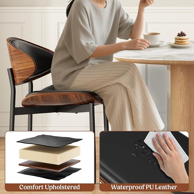 Dining Chairs Set of 6, Mid-Century Modern Upholstered PU Leather Chairs with Walnut Bentwood Back and Metal Legs Adjustable Feet for Kitchen Dining Room, Black PU