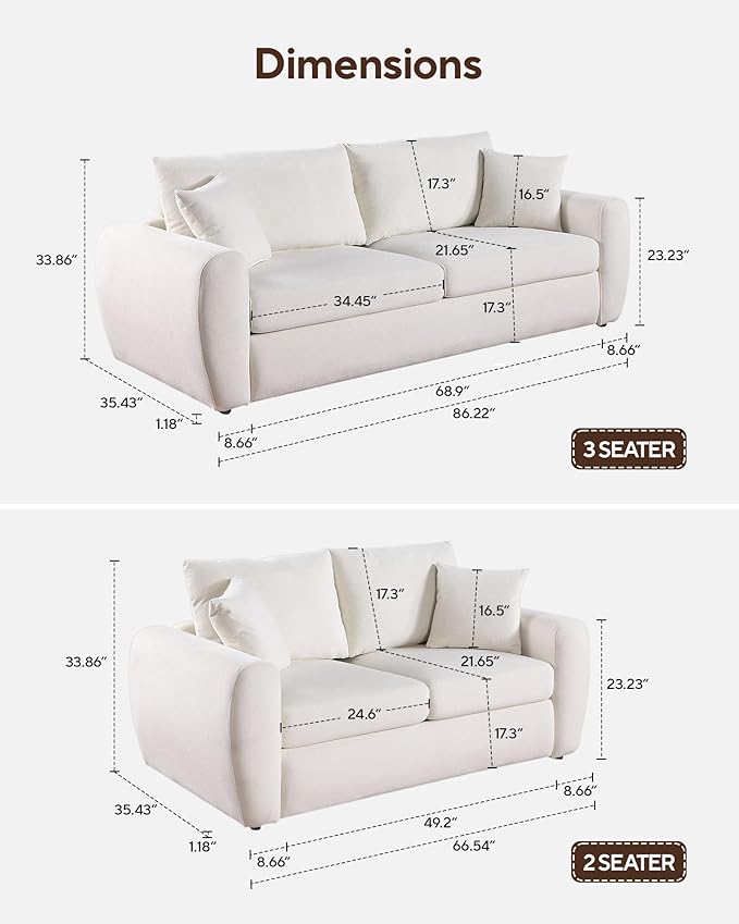66.5" Oversize Loveseat Sofa, Chenille Loveseat, Modern Loveseat Couch with Wide Armerest, Cloud Sofa for Living Room, Bedroom and Office, Beige