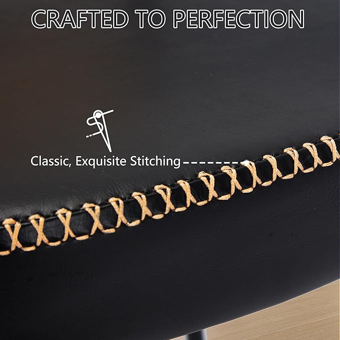 Rattan Dining Chairs Set of 2, Black Leather Upholstered Dining Chairs with Rattan Cane Back, Mid Century Modern Dining Room Chairs with Black Metal Legs & D-Shaped Thicken Cushion