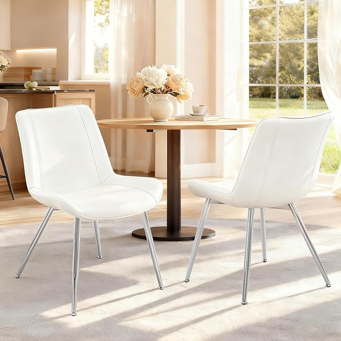 Brage Living Dining Chairs Set of 2, PU Leather Modern Armless Kitchen Dining Room Chairs, Upholstered Accent Side Chairs with Metal Legs (White with Silver Legs)
