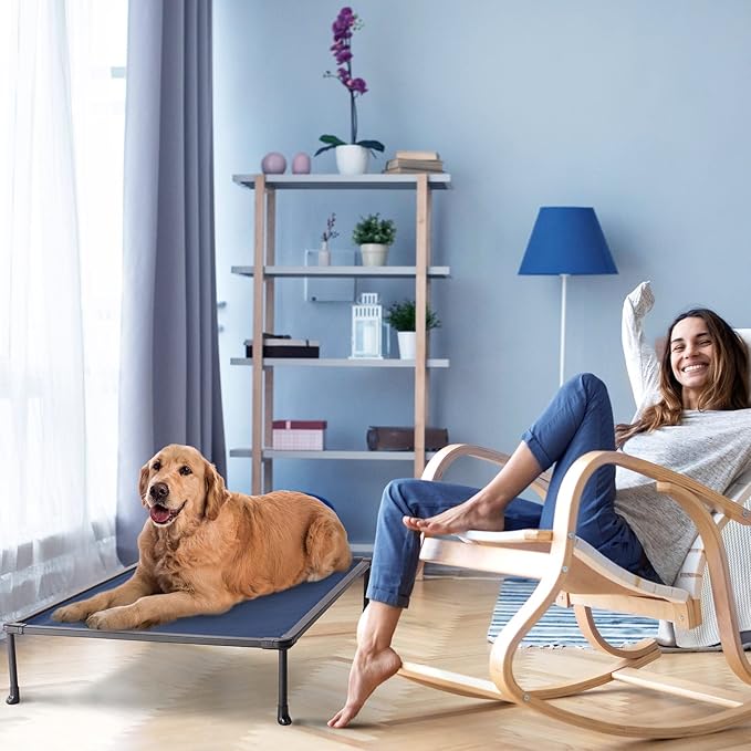 Veehoo Chewproof Elevated Dog Bed - Cooling Raised Pet Cot, Breathable Mesh, Washable & Non-Slip for Large Dogs, Indoor/Outdoor, Blue Mat and Black Frame, 42x30inches (Model CWC2203A03)