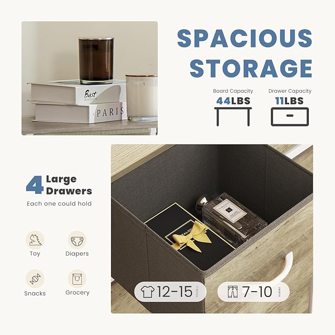 DUMOS Nightstand with 4 Drawers Bedside Table with Removable Fabric Bins Sturdy Steel Frame Wood Top Organizer Furniture for Bedroom Closet Living Room,Oak Greige