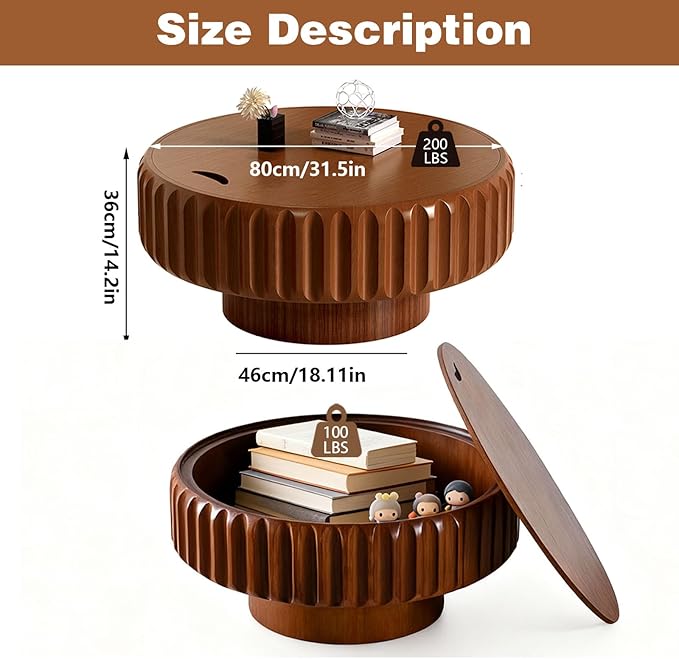 Round Drum Coffee Table with Storage Modern Coffee Table with Solid Wood Veneered Circle Center Table Accent Tea Table for Living Room Apartment Small Space (31.5in)