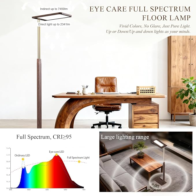 STERREN Modern Vintage Industrial LED Floor Lamp, Eye-Care Height Adjustable Free-Standing Lamps, Full Spectrum Light for Reading, Office, Meeting Room, 2700-5000K, Black Walnut Wood Finish