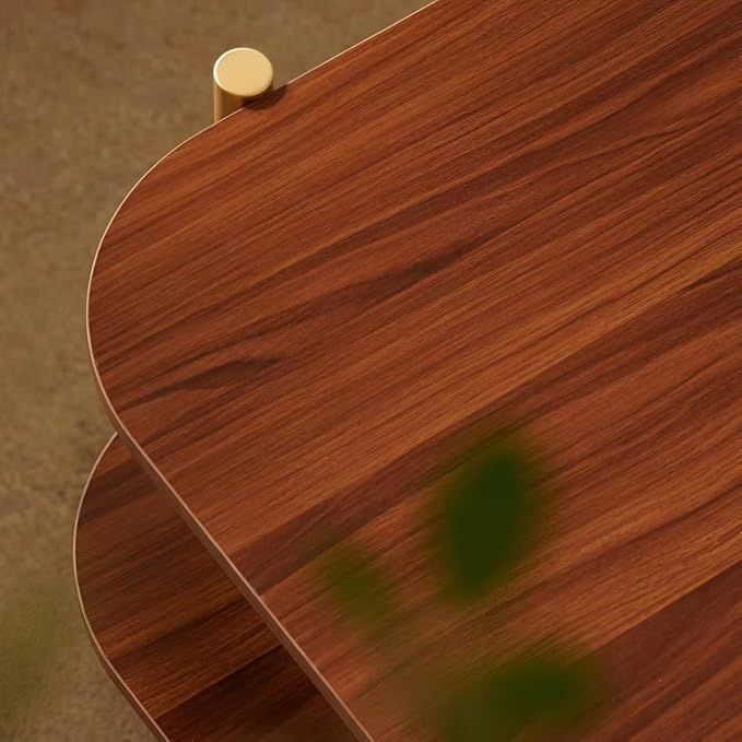 Shrine Rectangle Coffee Table, Mid-Century Modern Design, Two-Tier Walnut MDF Rounded Corner Table, 41" D x 21" W x 17" H, Sleek Conical Metal Legs with Gold Finish