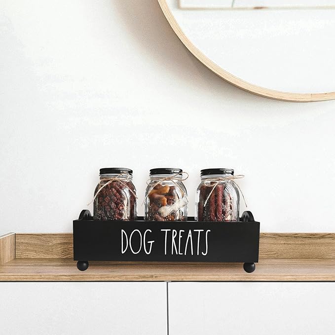 Dog Treat Container, Pet Treat Holder with Glass Jars, Farmhouse Dog Food Storage Organizer, Airtight Dog Treat Bin, Cat Dog Biscuit Dispenser, Pet Accessories (Black - 3 Glass Jars)