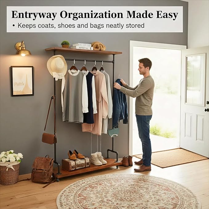 Industrial Pipe Clothing Racks, Rolling Garment Racks, Hall Tree on Lockable Wheels with Shelves and Shoes Storage, Heavy Duty Clothes Rack (two tiers garment rack)