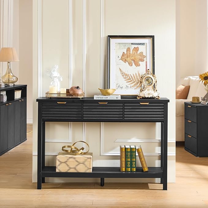 LEYAOYAO Fluted 47.2" Console Table with 3 Drawers, Modern Wood 2 Tier Entryway Table with Open Storage Shelf, Boho Sofa Entry Tables Behind Couch for Living Room, Hallway, Entrance Foyer, Black Oak