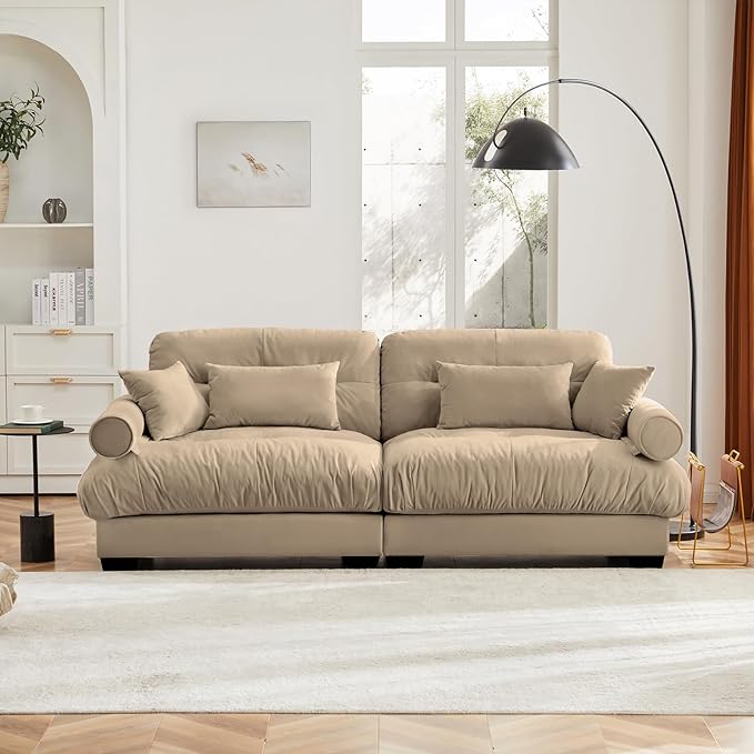 93.7” Loveseat Sofa, 2 Seater Modular Sectional Sofa, Camel Large Sectional Couches for Living Room, Fluffy Couch Set, Love Seat, Velvet Cloud Couch with 4 Pillows, Deep Seat Sofas for Living Room