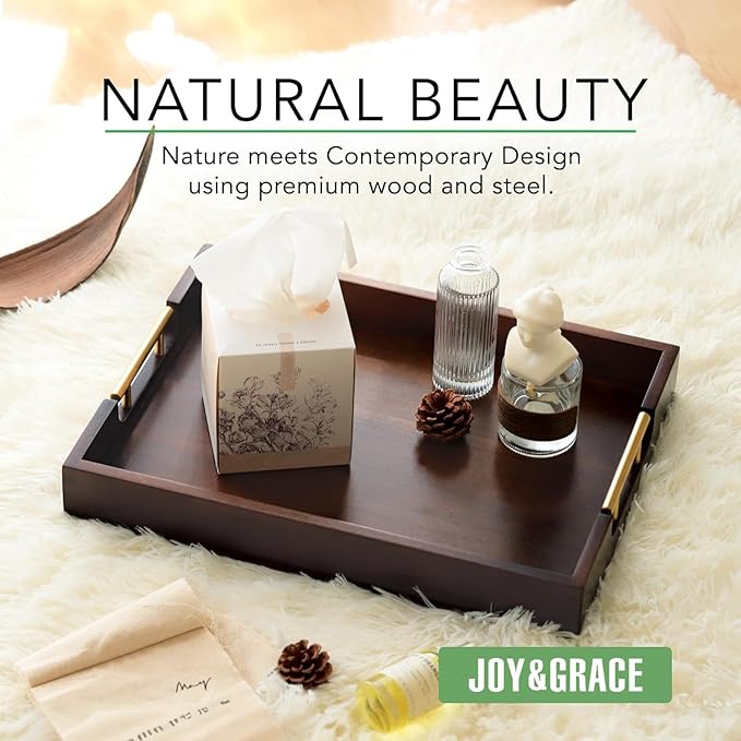 Joy&Grace Ottoman Tray for Living Room 16.7 x 12.8 inch Large Acacia Wooden Serving Tray with Handles for Coffee Table, Breakfast in Bed, Food Dinner, Decorative Rectangular Tray (Color Brown)