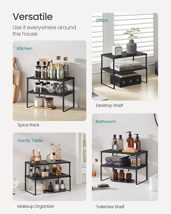 SONGMICS Spice Racks, Set of 2 Metal Cabinet Shelf Organizers, Countertop Organizers, Shelf Risers, Stackable, Expandable, Ink Black UKCS401B01