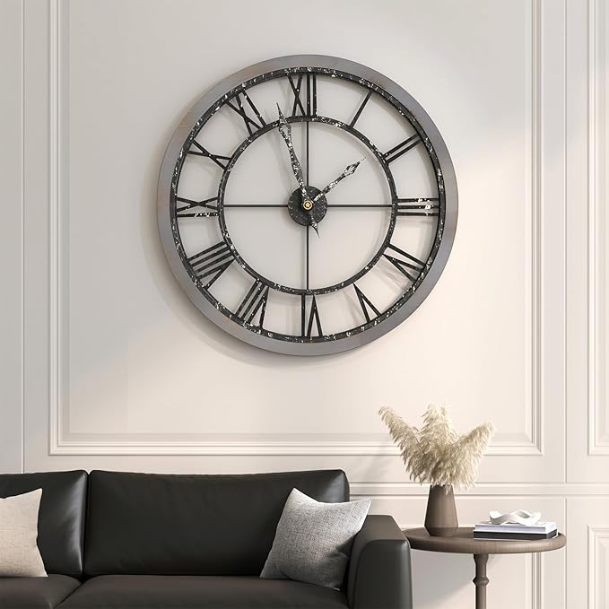 Cuspin Extra Large Wall Clock 36 Inch, Big Wood Metal Decorative Clocks for Living Room, Non-Ticking Silent Battery Operated Farmhouse Wall Clock Roman Numerals for Kitchen, Study, Office