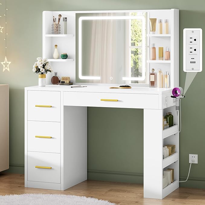 DWVO Makeup Vanity with LED Mirror, 40" Big Vanity Makeup Table with 4 Drawers and 7 Open Storage Shelves, Built-in Power Outlets & Hairdryer Holder, White