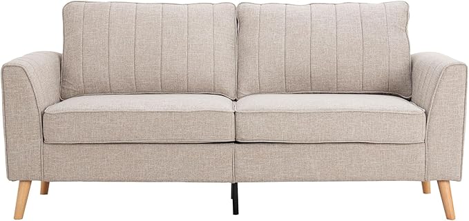 Artechworks Handmade Sofa Couch, 3-Seater 76" Wide W/Fresh Sand Gray Style Linen, Modern Mid-Century Fusion Stylish Couch French Piping Design Sofa for Living Room Apartment Lounge, Reception,Sand