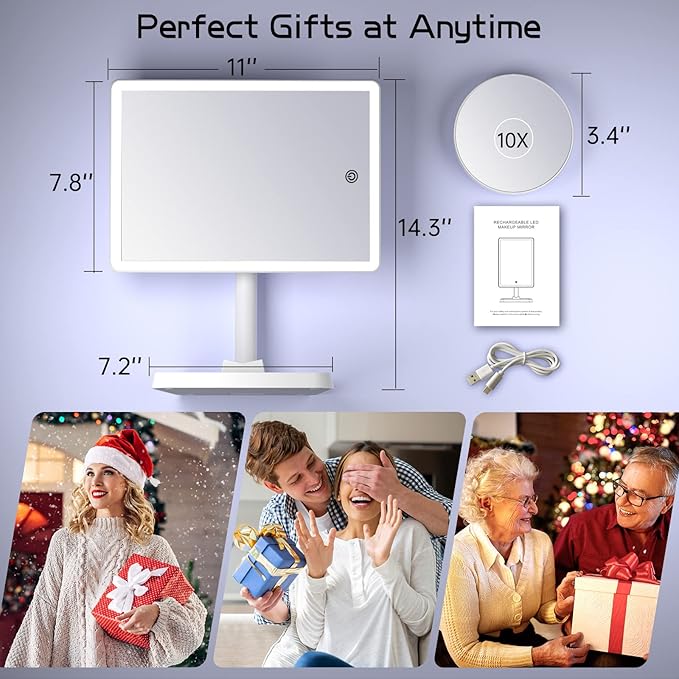 FUNTOUCH Rechargeable Makeup Vanity Mirror with Lights, Large Lighted Desk Makeup Mirror with 96 LED Lights and 10x Magnifying Mirror, 3 Color Lighting, Light up Make up Mirror with Phone Holder