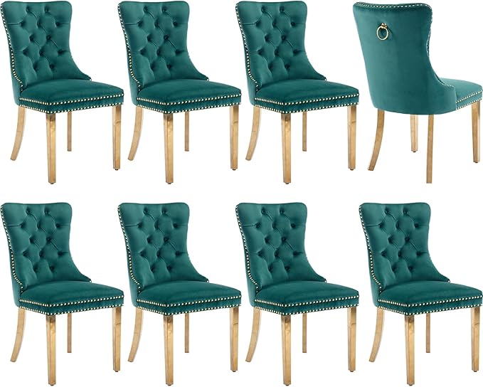 Luxury Upholstered Dining Chairs Set of 8, Green Kitchen Chair with Golden Metal Legs, Velvet Tufted Back Dining Chair, Sillas de Comedor, Modern Kitchen & Dining Room Chairs (Green, 8 Pcs)