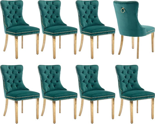 Luxury Upholstered Dining Chairs Set of 8, Green Kitchen Chair with Golden Metal Legs, Velvet Tufted Back Dining Chair, Sillas de Comedor, Modern Kitchen & Dining Room Chairs (Green, 8 Pcs)