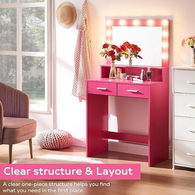 MIRROTOWEL Vanity Desk with Mirror and Lights, Dressing Table with Large Drawer, 2 Level Storage Dresser & 3 Lighting Modes Adjustable Brightness, Suitable for Bedroom