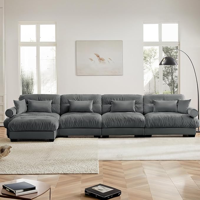 166" Grey Modular Sectional Sofa, 4 Seater Large Sectional Couches for Living Room, Velvet Fabric Oversized Fluffy Cloud Couch with Ottoman, Deep Seat Home Sofas Set, Sofá Moderno, L Shaped