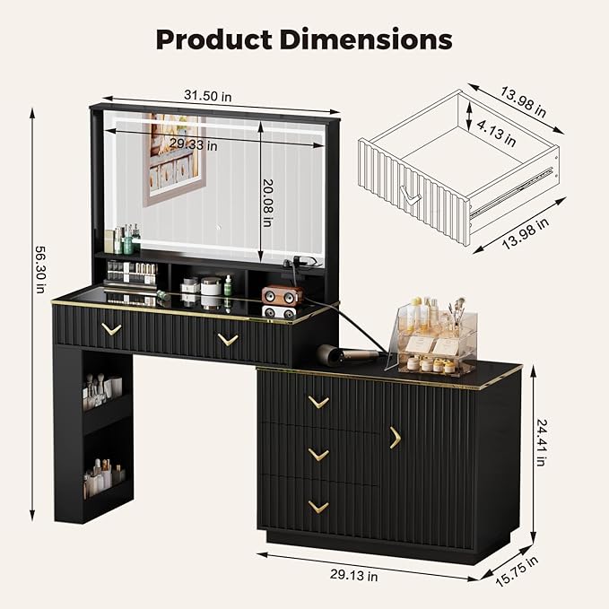 57“Makeup Vanity Desk with Mirror and Lights, Vanity Desk with 5 Drawers & Storage Shelves, Vanity Table with Power Outlet, 3 Color Modes & Adjustable Brightness Dressing Table, Bedroom,Black