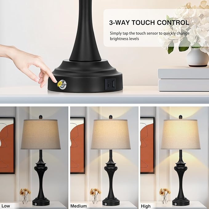 30" Black Tall Table Lamps for Living Room, Touch Control Bedside Lamp with USB A+C Ports, 3-Way Modern Bedroom Table Lamps Set of 2, Elegant Metal Lamp for Nightstand Desk Side Table Office